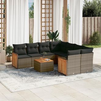 vidaXL Set De Muebles De Jard&iacute;n 9 Pzas Y Cojines Rat&aacute;n Sint&eacute;tico Gris Vidaxl