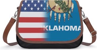 Generic American And Oklahoma State Flag Leather Crossbody Bags for Women Messenger Handbag Purse Shoulder Bag