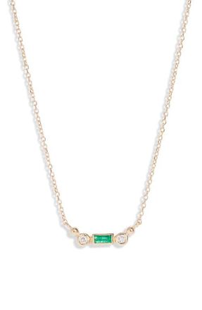 Anzie Cl&eacute;o Emerald & Diamond Bar Pendant Necklace in Green at Nordstrom, Size 16
