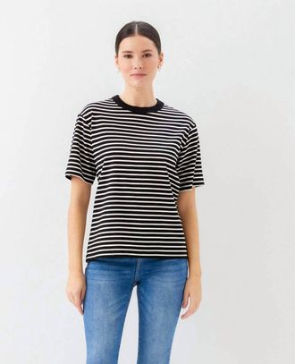 Karen Kane Stripe Short Sleeve Top In Black With Ivory
