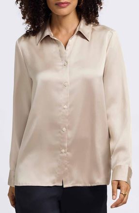 Foxcroft Bianca Satin Shirt in Champagne at Nordstrom, Size Small