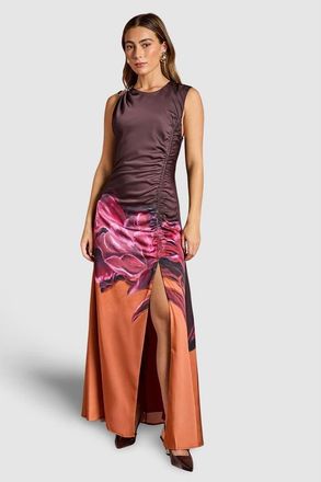 Coast Ruched Print Satin Midi Dress in Orange at Nordstrom, Size 10