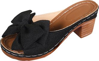 Generic Womens Bow Chunky Heel Slippers Open Toe Platform Mule Sandals for Summer Fashion Casual Slide Shoes for Women Comfortable Indoor Outdoor Wear with Ar