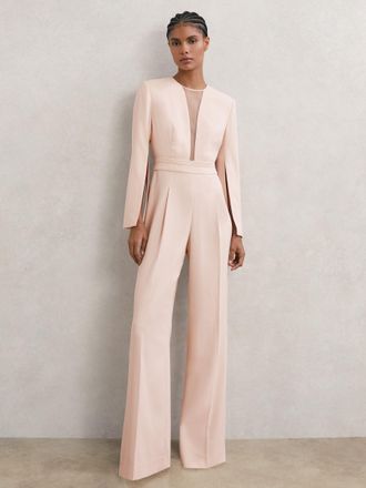 Reiss Pale Pink Plunge-neck Split-sleeve Jumpsuit, 10
