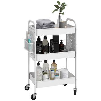 HOMCOM Rolling Utility Cart With 3 Mesh Basket - 2 Boxes - 6 Hooks For Kitchen/Bathroom | TJ Hughes