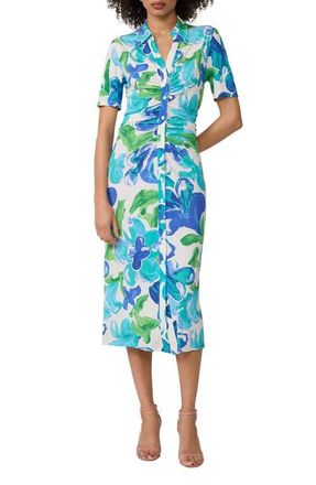 Diane Von F&uuml;rstenberg Zoey Floral Short Sleeve Ruched Midi Shirtdress in Cote Ibiza Blue at Nordstrom, Size X-Small
