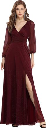 Ever-pretty Womens V Neck Long Sleeve Elegant Empire Waist Long A Line Formal Evening Dresses Burgundy 18UK