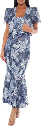 OLEG CASSINI Metallic Floral Print Strapless Dress in Blue Multi at Nordstrom Rack, Size X-Large