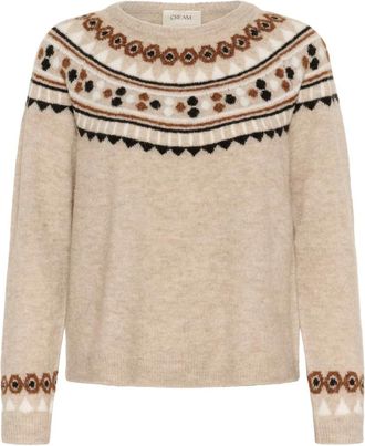 Cream Cherrie Gebreide Trui met Beige Patroon - Dames - Ronde hals truien - Beige - 2XL - Wol - Truien & Vesten