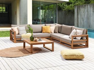 Beliani Conjunto De Jard&iacute;n Esquinero 5 Plazas De Madera De Acacia Certificada Clara Con Cojines Timor Ii