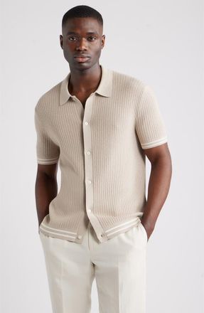 Nordstrom Short Sleeve Ribbed Cotton & Silk Cardigan in Beige Oak Heather at Nordstrom, Size Xx-Large