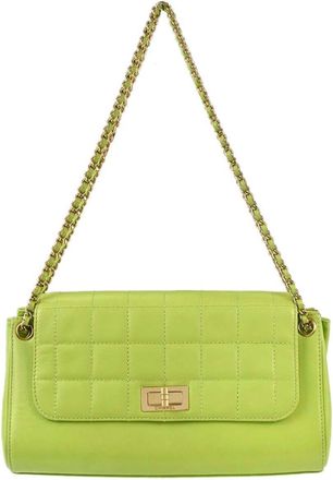 Chanel Chocolate Bar Mademoiselle Lock Chain Quilted Denim Green Leather Handbag (Pre-Owned)