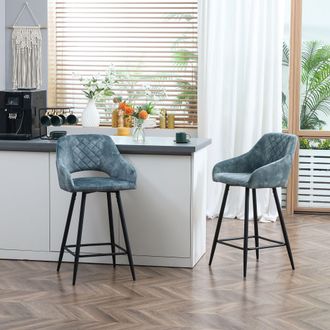 HOMCOM Stools Set of 2, Velvet-Touch Fabric Counter Height Bar Chairs in Blue