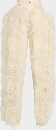 Sally Lapointe Feather-Trim Cotton Twill Straight-Leg Jeans