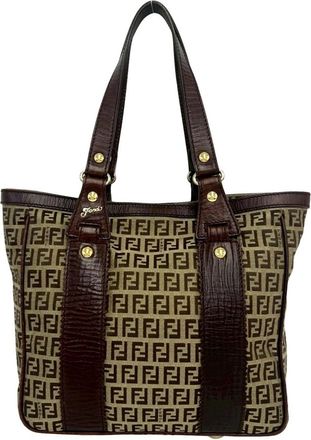 Fendi Brown Khaki Canvas Leather Handbag Shoulder Bag Tote Bag (Pre-Owned)