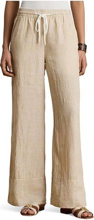 Lauren Ralph Lauren Striped Linen Wide-Leg Pants Womens Clothing Tan/White : LG 31