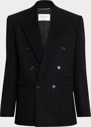 Saint Laurent Mens Pinstripe Double-Breasted Peak Lapel Sport Coat