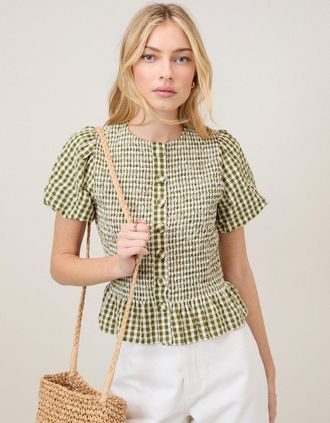 Nobody's Child Green Gingham Puff Sleeve Top