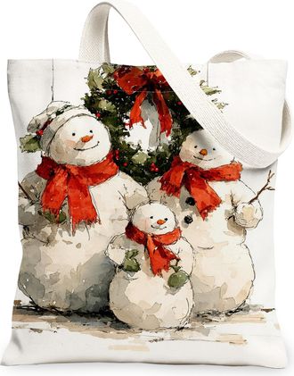 Generic Snow Man Canvas Tote Bags, Cute Winter Holiday Pattern Reusable Shopping Bags, Cozy Festive Lightweight Washable Shoulder Strap Canvas for Gifts Trave