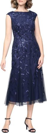 Alex Evenings Sequin Leaf Embroidery Cocktail Midi Dress in Navy at Nordstrom, Size 16