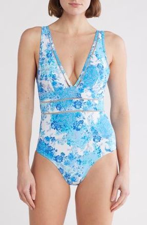 Sea Level Australia Daiseyfield Plunge Neck One-Piece Swimsuit in Blue at Nordstrom Rack, Size 10