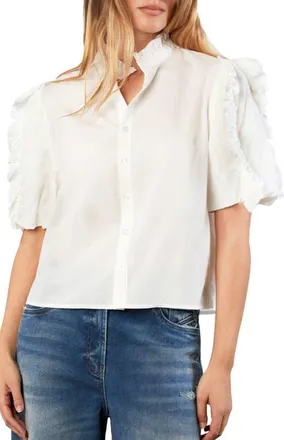 Wash Lab Denim Ruffle Trim Cotton Button-Up Top in Bright White at Nordstrom, Size X-Small