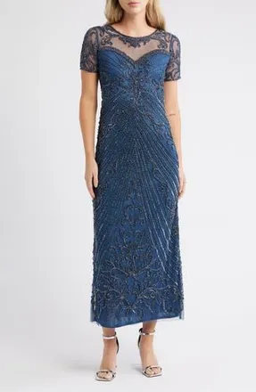 Pisarro Nights Illusion Beaded Mesh Column Gown in Petrol Blue at Nordstrom Rack, Size 12