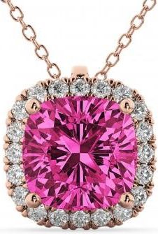 Allurez Halo Pink Tourmaline Cushion Cut Pendant Necklace 14k Rose Gold (2.02ct)