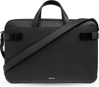 Ferragamo Twins Lederen Aktetas - Heren - Laptoptassen - Zwart - ONE Size - Leer - Tassen