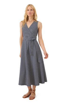 Pact Fit & Flare Easy V-Neck Dress Made With Organic Cotton in Hudson Stripe Navy Blue at Nordstrom, Size Xx-Large
