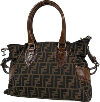Fendi Brown Leather Canvas Handbag Tote Bag (Pre-Owned)