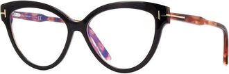 Tom Ford Eyeglasses Cat Eye Full Rim, Black/havana Frame And Clear Blue Light Block Lens Ft5673-B005