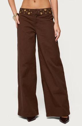 Edikted Mixed Grommet Low Rise Wide Leg Jeans in Brown-Washed at Nordstrom, Size X-Small