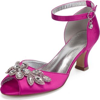 Generic Wedding Bridal Shoes Womens Bridal Kitten Heels Sandals Open Toe Ankle Strap Satin Low Heel Wedding Dress Shoes 6.5Cm,Rose red,6 UK