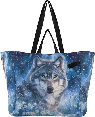 Generic Snowflake Wolf Blue pattern Reusable Canvas Tote Bag, Heavy Duty Grocery Shopping Bag with Large Capacity Hard Bottom Double Handles Work Groceries Tr