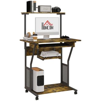 HOMCOM Rolling Computer Desk with Keyboard Tray Storage Shelves Rustic Brown | TJ Hughes