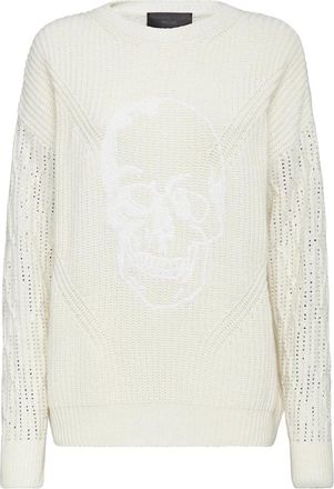 Philipp Plein Cashmere 5 Pullover Ronde Hals LS Crystal Skull - Dames - Ronde hals truien - Beige - L - Wol - Truien & Vesten