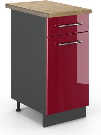 Vicco Mueble Bajo De Cocina Fame-line, Rojo Burdeos Alto Brillo, 40 Cm, Et Roble