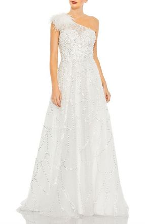 Mac Duggal Embellished One-Shoulder A-Line Gown with Feather Accent in Ivory at Nordstrom, Size 12