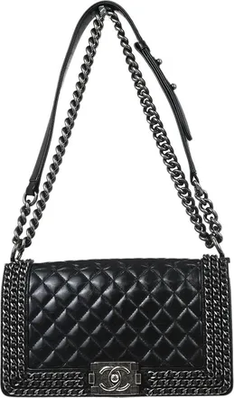 Chanel Boy Flap Bag Quilted Glazed Calfskin Black Leather Handbag (Pre-Owned)
