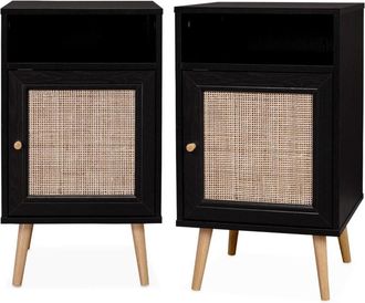Sweeek Mesita de noche escandinava con efecto madera y caña, set de 2, negro