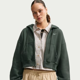 Nike Womens Studio Fleece Medium Weight Oversized Full-Zip Cropped Hoodie in Green | IM8499-303