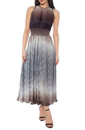 OLEG CASSINI Ombr&eacute; Smocked Waist Pleated Midi Dress in Black/Silver at Nordstrom Rack, Size X-Large