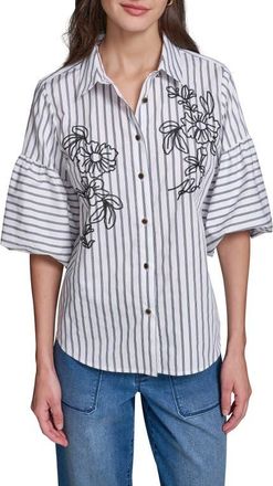 Karl Lagerfeld Embroidered Puff Sleeve Shirt in Soft White/Midnight Navy at Nordstrom, Size X-Large