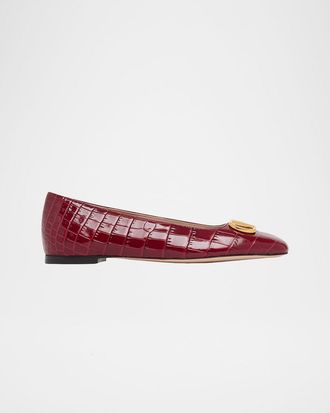 Valentino Garavani VLogo Croc-Embossed Leather Ballerina Flats