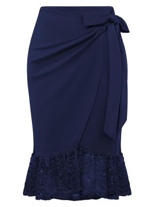 Belle Poque High Waist Slim Fit Pencil Skirt for Ladies Elegant Lace Ruffle Hem Bodycon Skirt for Conference Navy Blue BP0915-03 M
