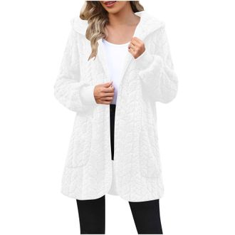 Generic Mid-length Fleece Coat for Women UK Thick Thermal Double Sided Sherpa Hooded Jacket Warm Fluffy Plush Trench Coat Soft Open Front Cardigan Outerwear L
