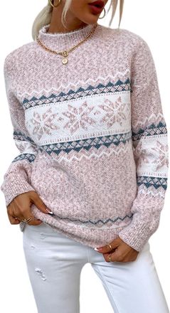 Generic Snowflake Sweater-Women Christmas Sweater Snow Flake Knit Sweatshirt Long Sleeves Loose Pullover Women Tops, Pink, S