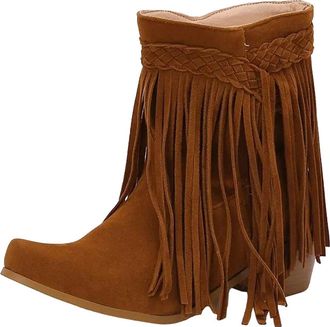 Generic Womens Western Ankle Boots Square Toe High Block Heel With Fringe Detail Slip On Vintage Style Leisure Shoes