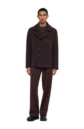 Sandro Double-breasted wool pea coat in Chocolate at Nordstrom, Size Xx-Large